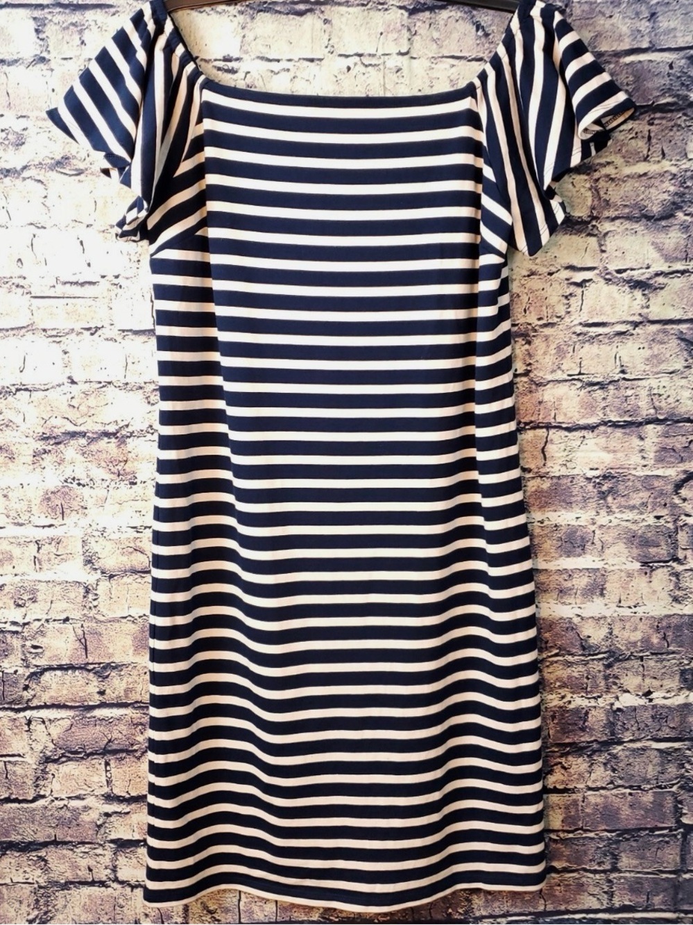 Ralph Lauren Navy and White Striped Off-Shoulder Mini Dress